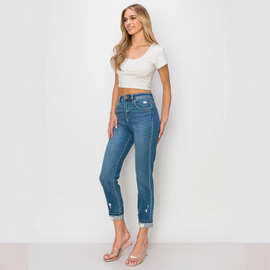 欧美牛仔定制工厂小脚裤High Rise Destructed Premium Mom Jeans