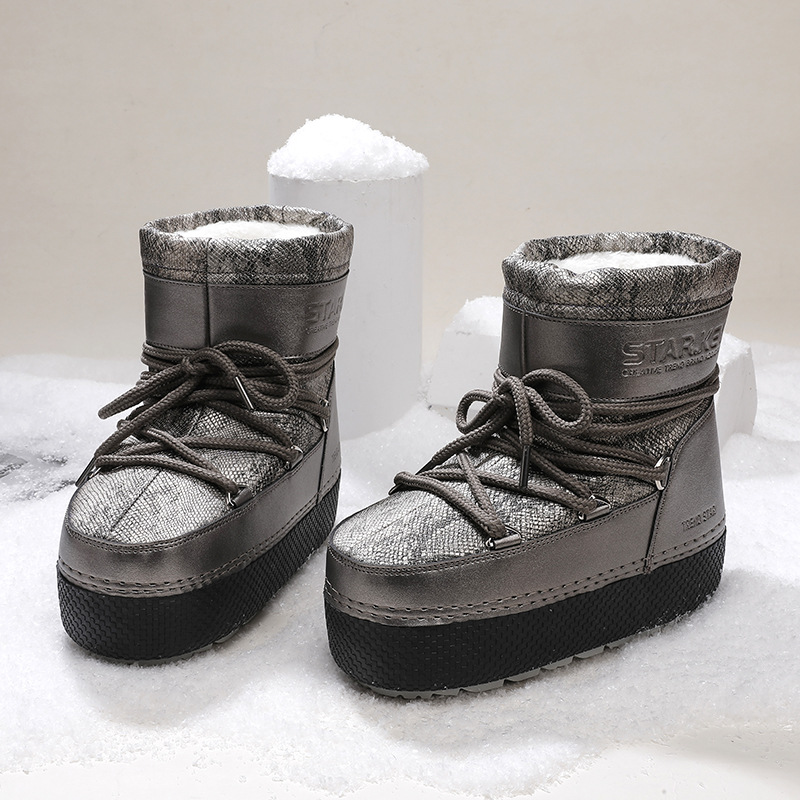 Botas de nieve para padres y niños transfronterizos de esquí de color brillante, botas de luna para mujeres gruesas, botas espaciales impermeables y antideslizantes