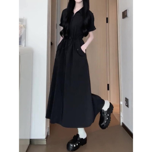 French-style gentle short-sleeve blouse dress for women, summer design with pockets, waist-cinching for a slimming effect, temperament A-line long skirt
