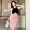 Contrast colored suspender skirt with studded design， slim fit knitted short skirt