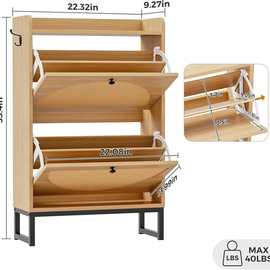 钢木结构独立式鞋柜带2个翻转抽屉鞋架天然藤编门鞋子存储柜收纳