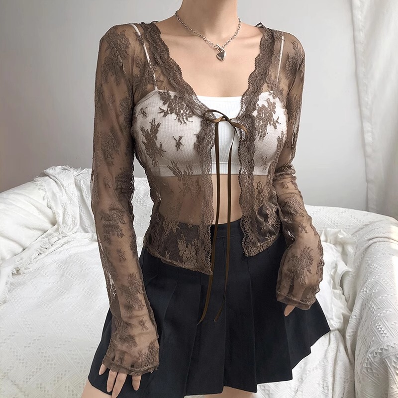 Retro lace jacquard lace-up long-sleeved cardigan summer short women's sexy see-through dress outer blouse top