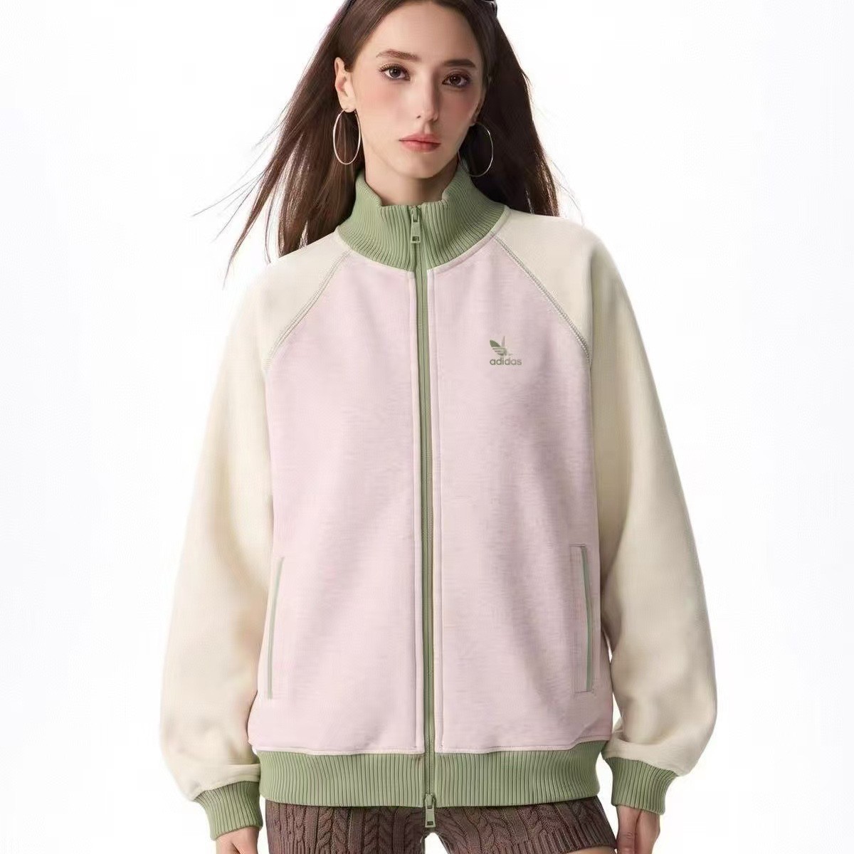 American-style color-blocked stand-up collar zip-up raglan sleeve cardigan jacket for women, autumn and winter jacket, college style, sporty couple's top