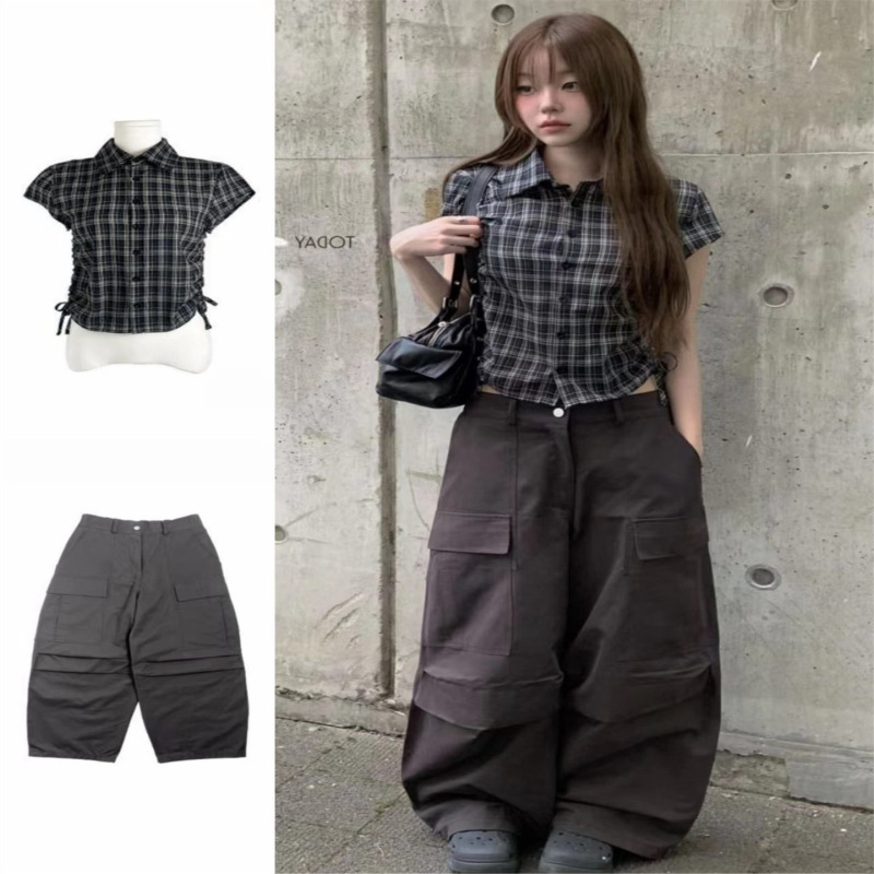 Korean-Style Streetwear Summer Drawstring Slim-Fit Plaid Short-Sleeve Shirt Top and Loose Casual Work Pants Korean-Style Streetwear Summer Drawstring Slim-Fit Plaid Short-Sleeve Shirt Top and Loose Casual Work Pants