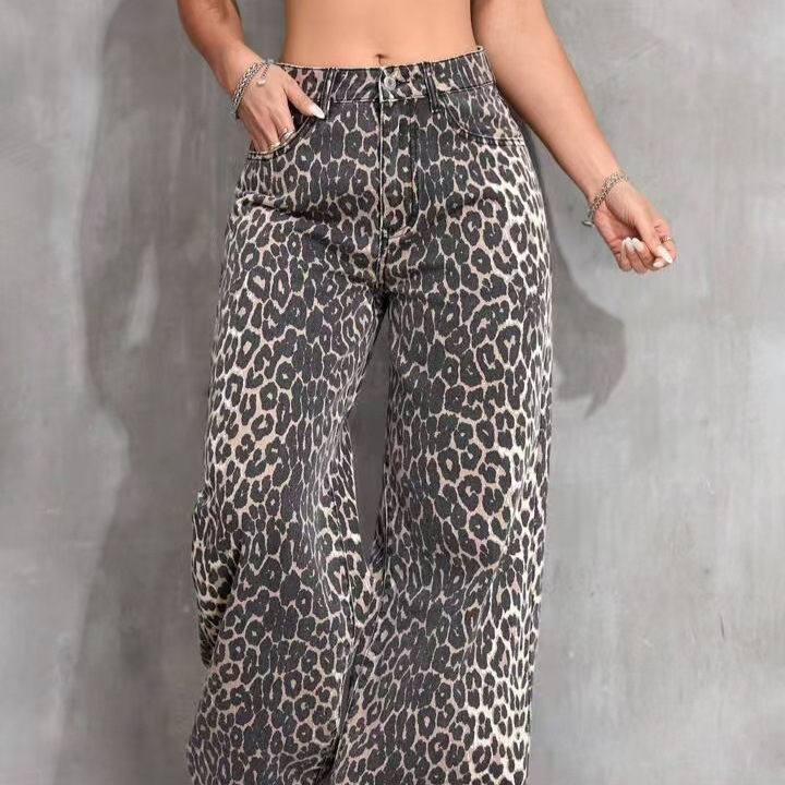 High street style leopard print jeans, washed and distressed, high-waisted, loose straight-leg dad pants, unique and trendy, floor-length High street style leopard print jeans, washed and distressed, high-waisted, loose straight-leg dad pants, unique and trendy, floor-length