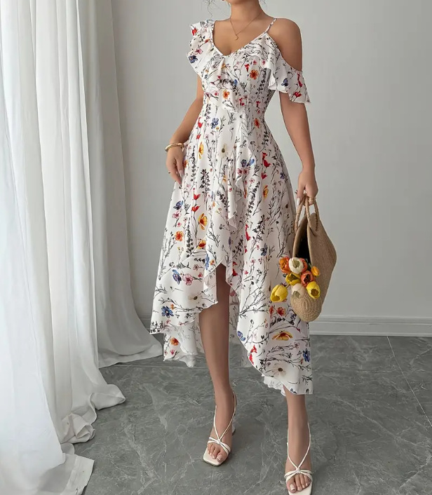 Women's Clothing Floral Print Sundress Irregular Slit Slim Waist Vacation Style Long Dress Fairy Beach Photos Dress For Women_ecoleips.com