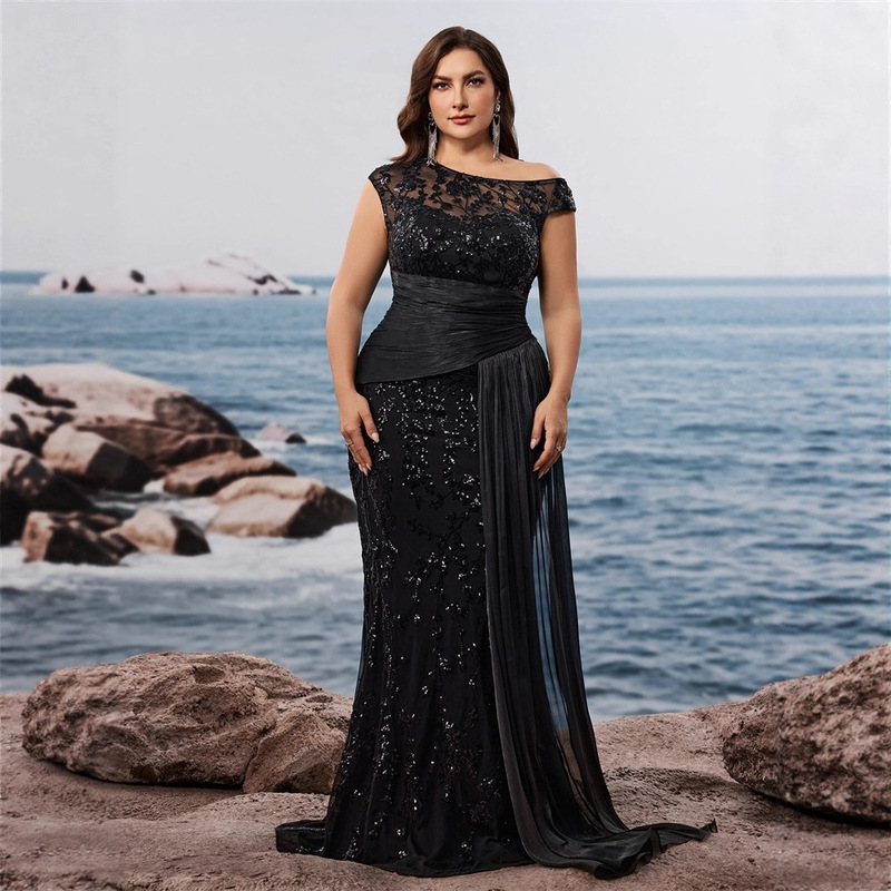 European and American Plus-Size Elegant Sequin Splicing Fitted V-Neck Sleeveless Cocktail Evening Dress for Mothers