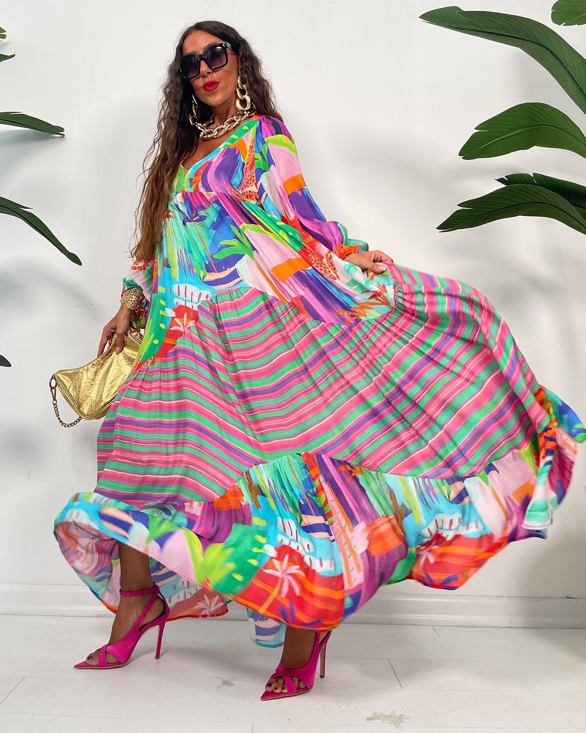 280g Weight Maxi Long Dress Dress Length Type Long Sleeve Sleeve Length Wholesale Women's Vintage Style Printing Color Block Daily V Neck Long Sleeve Swing Dress
