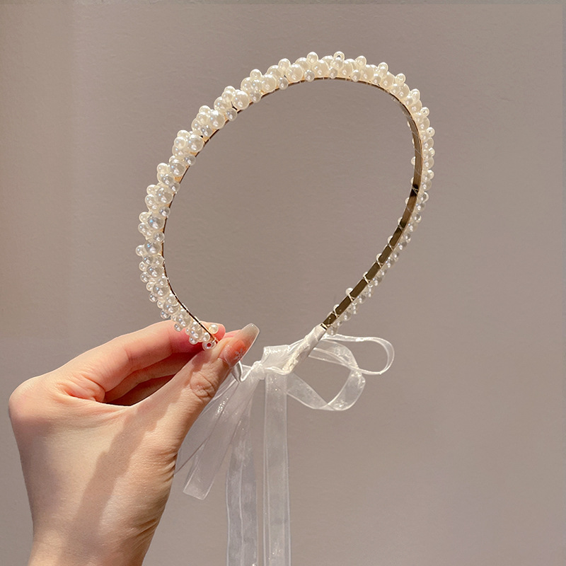 夏の女性のリボンパールヘッドバンド夏の新しい編組ヘアバンド韓国風スウィートプリンセスヘアアクセサリー滑り止め|undefined