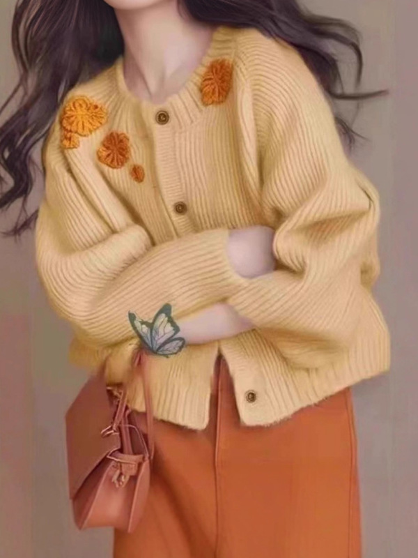 简约刺绣花朵减龄小香风毛衣女秋冬新款针织开衫外搭洋气上衣女|undefined