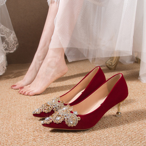 Rhinestone flower wedding shoes  new bridal shoes wedding dress two-wear design niche stiletto high heels women's single shoes