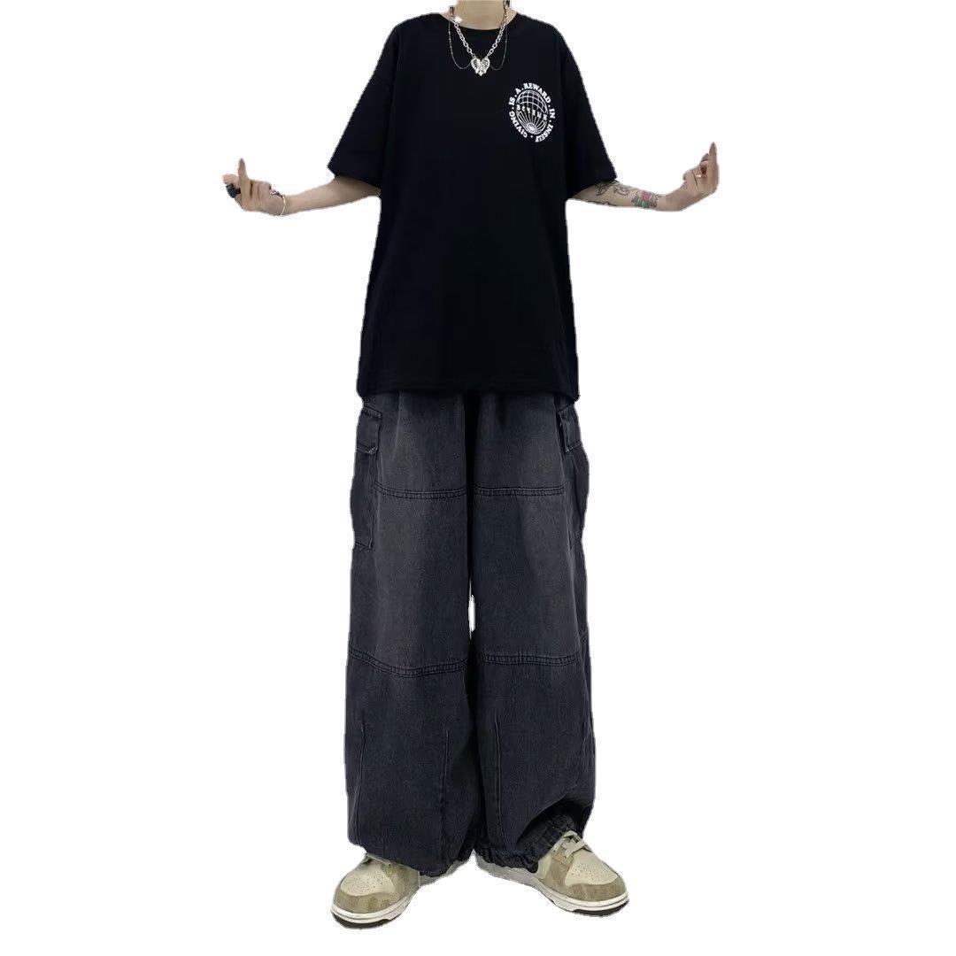 2023 nueva calle hip hop cuatro estaciones casual pierna ancha overoles rectos pantalones vaqueros bolsillo grandes hombres y mujeres largo