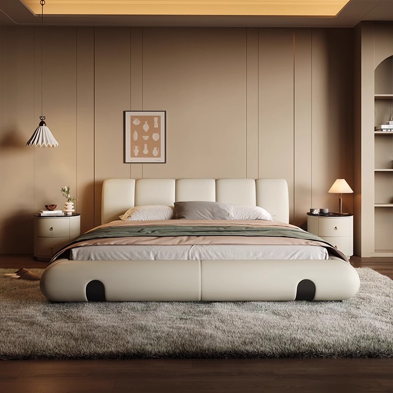 Camas italianas, camas de cuero, almacenamiento de cuero de vaca, camas dobles modernas y simples, camas de envoltura suave, camas de cama principal, camas de matrimonio lujosas