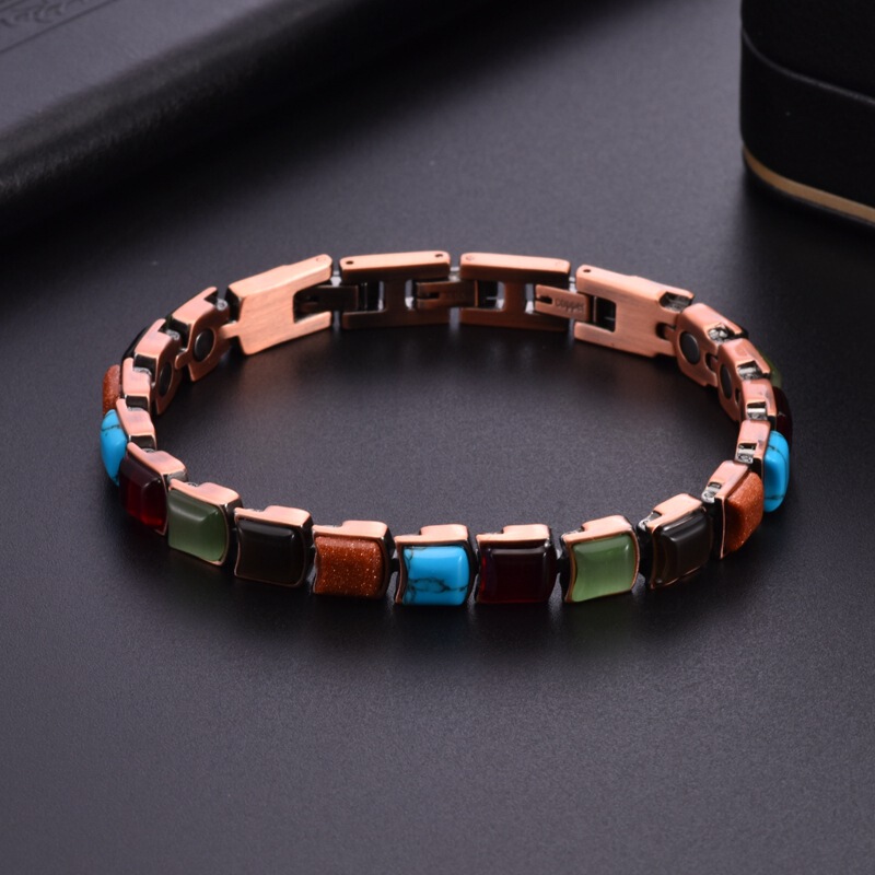 Cross-Border Hot Selling Color Stone Red Copper Magnetic Therapy Bracelet Fashion Retro Detachable Magnetic Health Women's Bracelet Wholesale