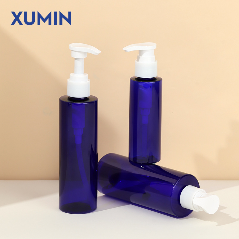 Botella de cabeza de bomba de presión cosmética Xumin 100-200ml botella de loción corporal a través del hombro azul 250ml botella de esencia