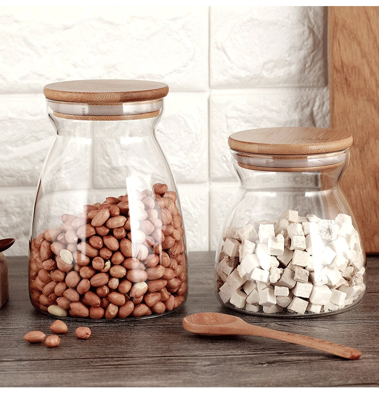 Бытовая пищевая Стеклянная банка для хранения стекла Стеклянная кухонная банка для хранения грубого зерна Прозрачная бамбуковая крышка Зерновая банка для кофе и чая