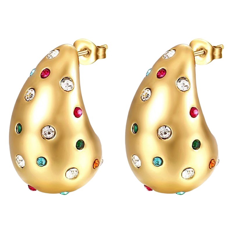Pendientes de Gota de Agua con Incrustaciones de Diamantes de Acero Inoxidable Estilo Europeo y Americano para Mujer, Pendientes de Diamantes de Colores de Alta Gama, Pendientes Chapados en Oro de 18K al por Mayor