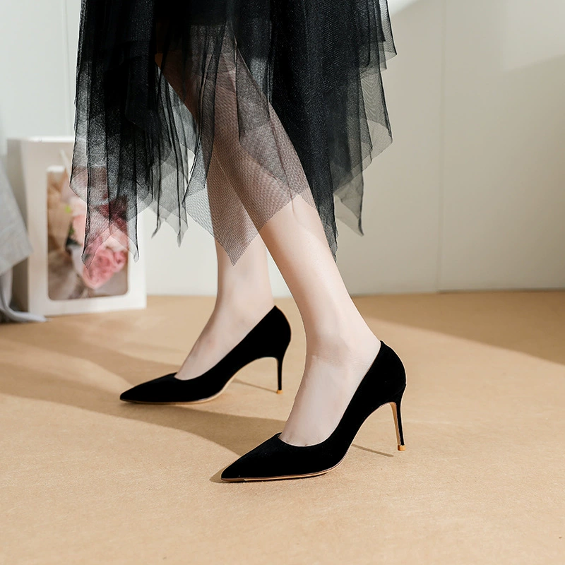 秀禾鞋2024春夏款真皮绒面婚鞋女细跟尖头伴娘鞋两穿工作鞋