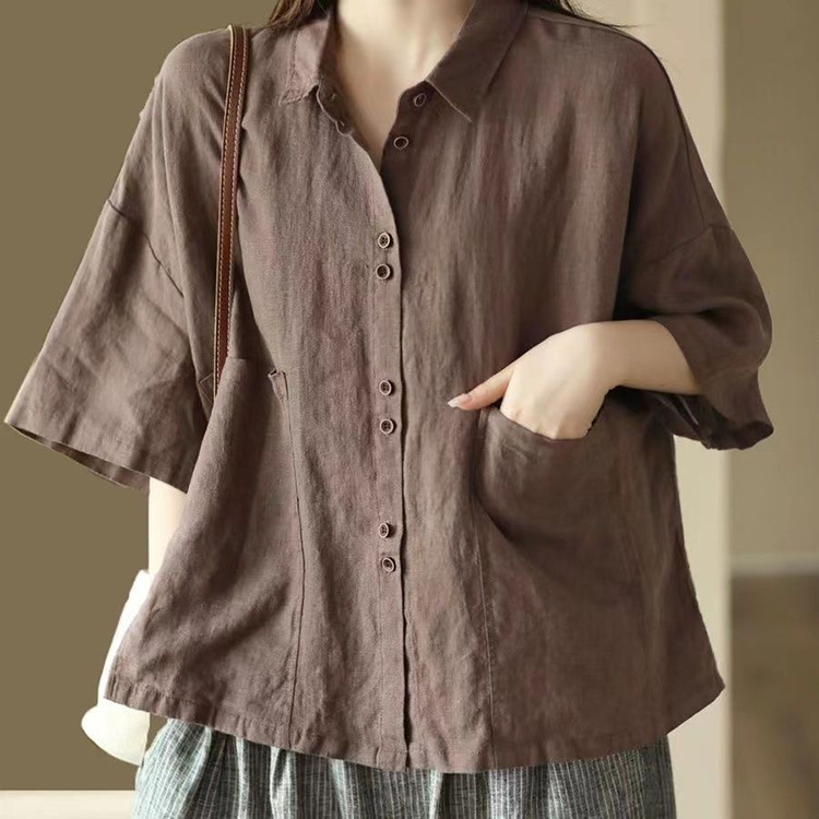 Retro Cotton and Linen Short-Sleeved Shirt for Women Summer 2025 New Large Size Shirt Loose Casual Versatile Polo Collar Top Retro Cotton and Linen Short-Sleeved Shirt for Women Summer 2025 New Large Size Shirt Loose Casual Versatile Polo Collar Top