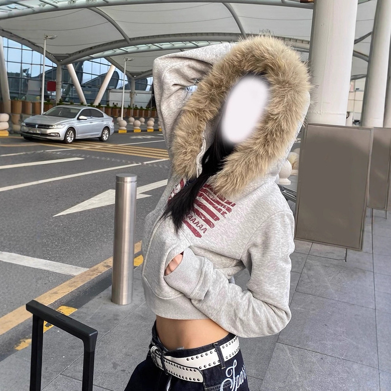 Autumn and Winter European and American Aesthetic Retro Street Hip-Hop Ins Style Printed Design Fur Collar Crop Chic Sweatshirt Autumn and Winter European and American Aesthetic Retro Street Hip-Hop Ins Style Printed Design Fur Collar Crop Chic Sweatshirt