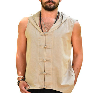 Cross-Border Export Men's Clothing 2024 New Summer Men's Youth Loose Trendy Pure Color Button Casual Hooded Vest