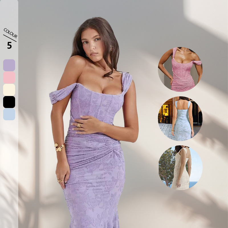 Foreign Trade European and American Sexy Printed Suspender One-Line Collar Long Dress 2025 Sexy Sexy Elegant Backless Fishtail Skirt