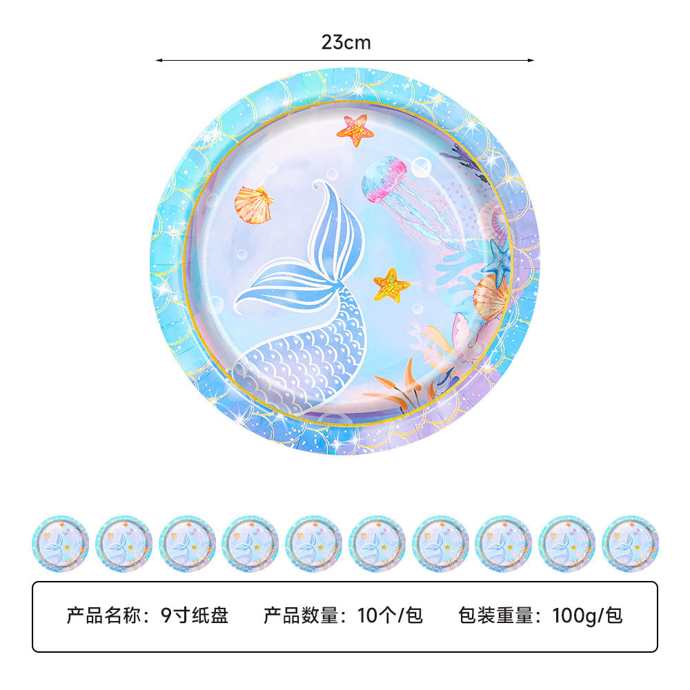 Nuevo juego de vajilla de fiesta con tema de sirena marina de verano, bandeja de papel desechable, cuchillo, tenedor, cuchara, decoración de fiesta