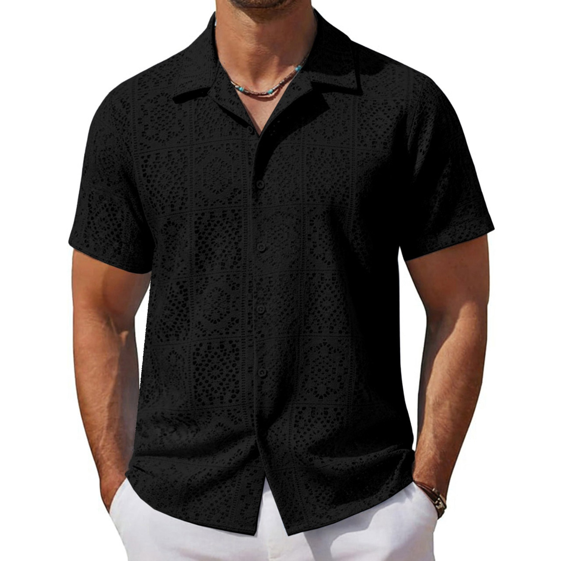 Ropa de hombre para comercio exterior transfronterizo, camisa casual europea y americana con aberturas, camisa de verano nueva con encaje y manga corta para hombre A0307