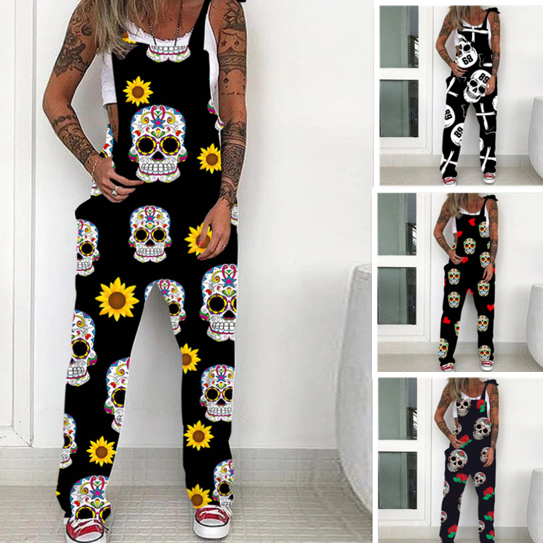 Casual Cows Skull Polyester Full Length Overalls