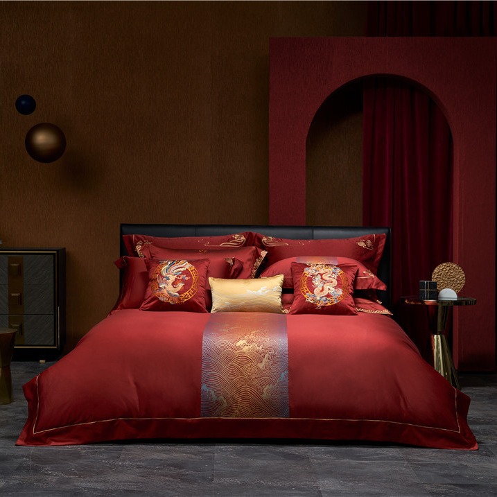 Top Luxury Ceiling-level High-definition Yarn-dyed Jacquard Bedding Wedding Red Pure Cotton Long-staple Cotton Four-piece Set With Sentiments Of The Capital
