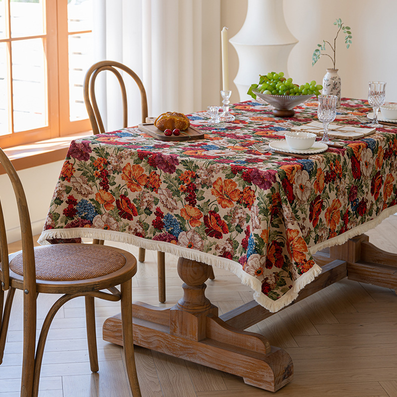 New American European Style Large Flower Cotton Linen Cloth Tablecloth Dining Table Cloth Oil Painting Tea Table Cloth Tablecloth Pastoral Style Small Floral