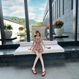 油画少女连衣裙女夏季千金风衬衫领印花无袖掐腰裙生日裙公主裙