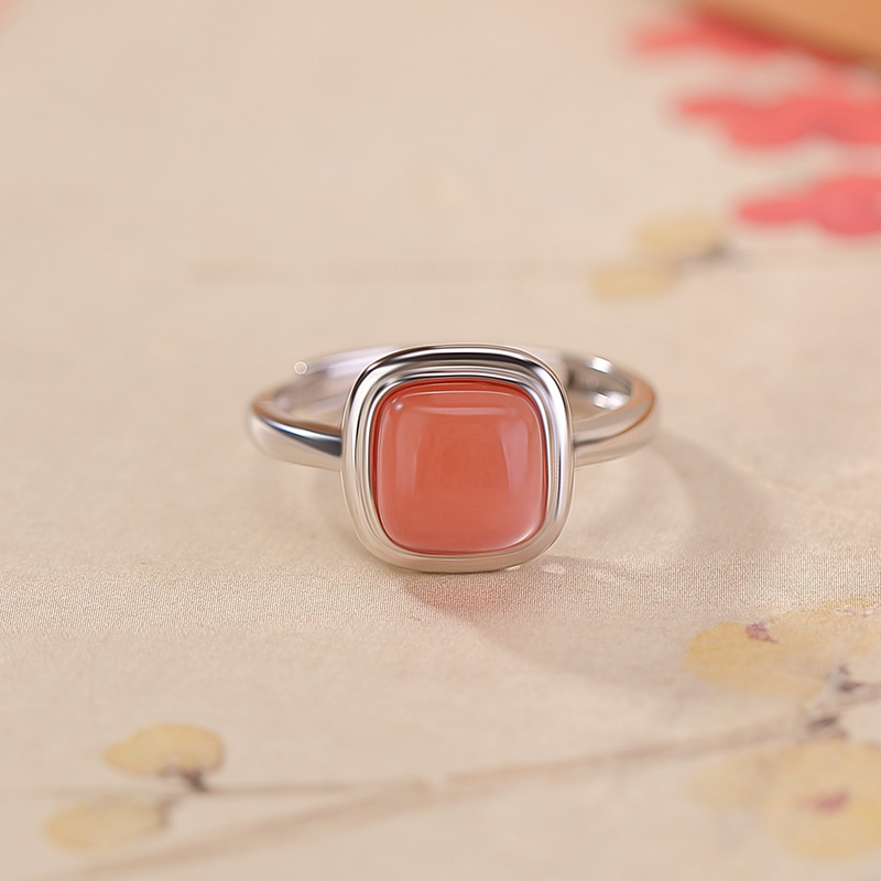 Nhẫn bạc S925 nam mã não đỏ hình vuông, mở đa năng — Một mảnh