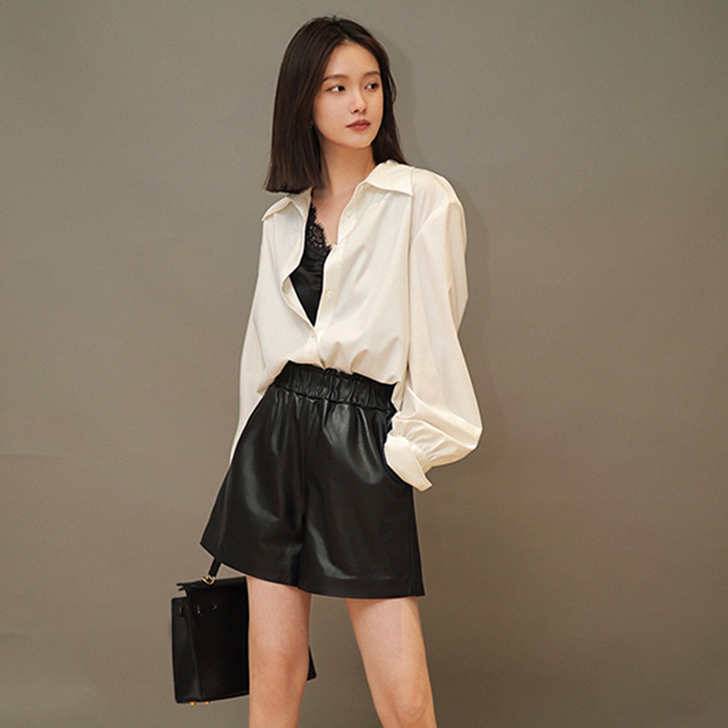 Clearance Sale: Three-Season Wear, First-Layer Sheepskin Elastic Waistband, Loose Straight-Leg Genuine Leather Shorts for Women, Casual Leather Pants