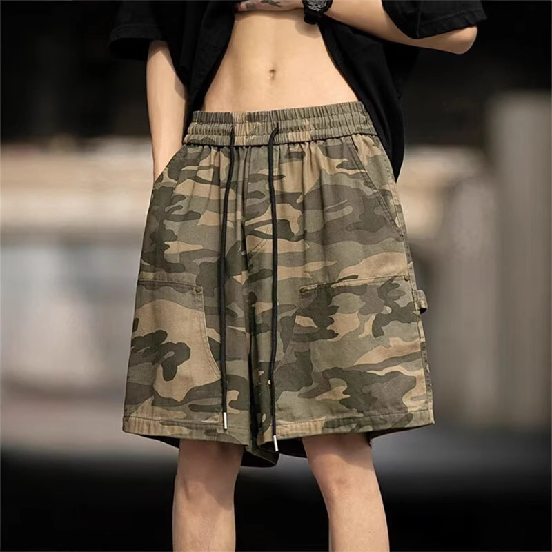 American High Street Retro Multi-Pocket Cargo Camouflage Casual Shorts Men's Trendy Loose Drawstring Knee-Length Shorts Summer