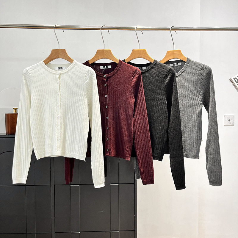 Japanese Women's Fine Merino Wool Ribbed Crew Neck Knit Cardigan 2025 Autumn New Versatile Top
