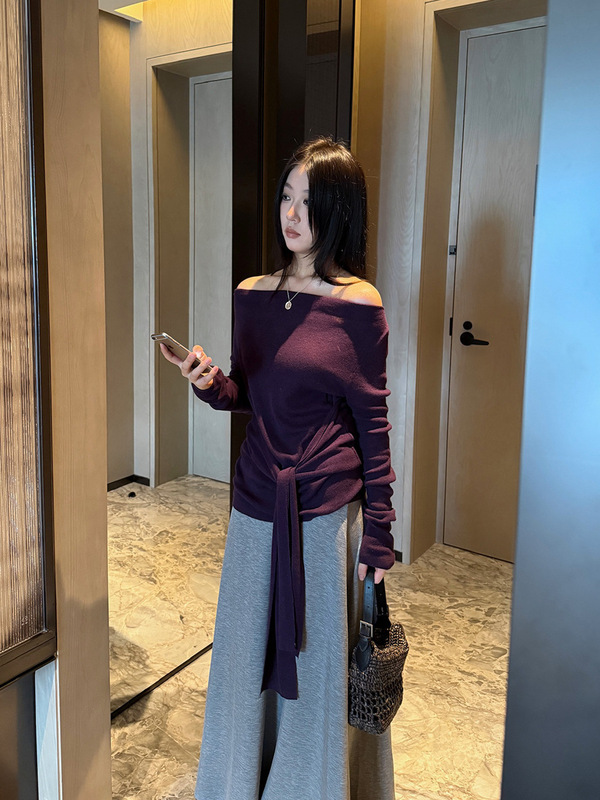FOX ROOM 绑带一字领上衣女2025早秋新款气质露肩显瘦针织衫M004|undefined