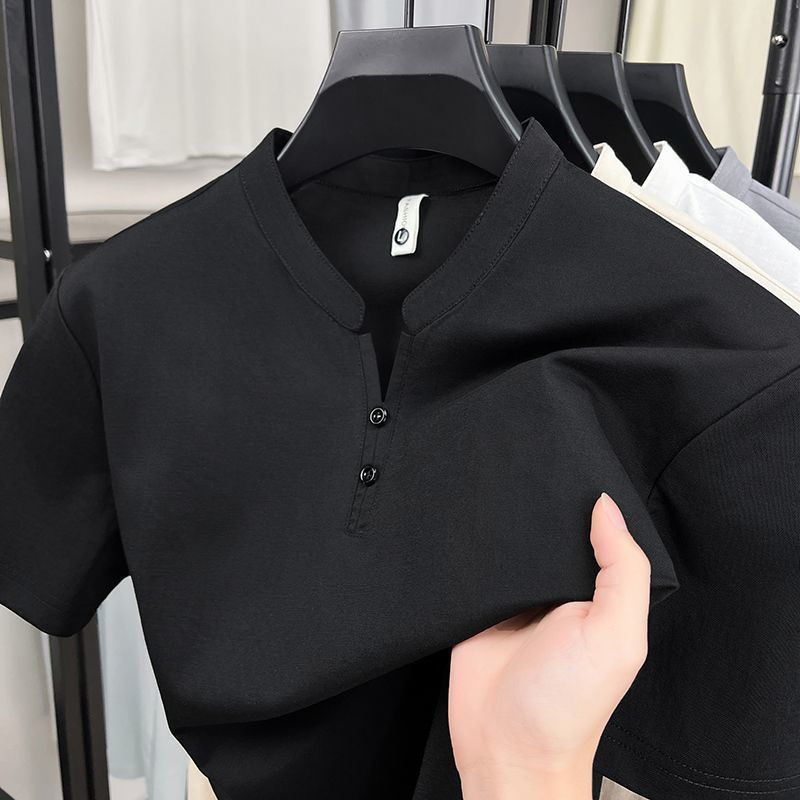 夏の小さなスタンドカラーファッショナブルでシンプルなメンズ半袖Tシャツデザインカジュアルで多用途なカラーナショナルトレンド半袖トップ|undefined