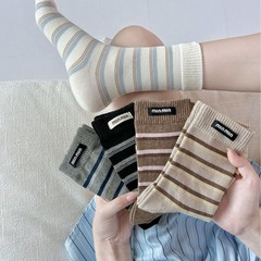 袜子复古条纹布标堆堆袜子女春秋款中筒袜百搭jk长袜