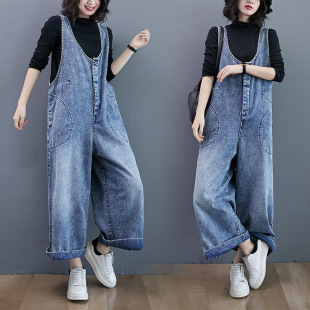 Real Stock Loose Retro Overalls Denim Wide-Leg Pants Denim Overalls Jumpsuit Long Pants