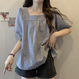 150.00kg extra large size chubby girl doll shirt short sleeve plaid shirt women's summer age reducing square collar belly chiffon shirt top 2