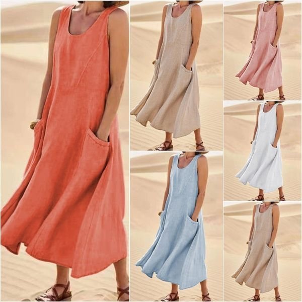 Amazon Independent Site Wish2023 European and American Style Sleeveless Round Neck Women's Cotton and Linen A-Line Long Dress