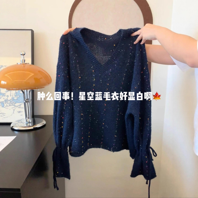 广州十三行高货爆款~彩色V领绑带针织衫女秋冬款慵懒软糯宽松毛衣|undefined