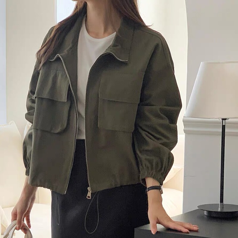 South Korea chic autumn new baseball big pocket bf style casual zipper work short jacket stand collar coat top