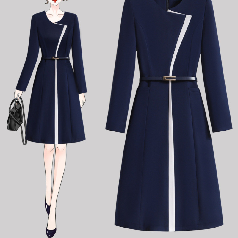 Elegant Professional Dress with Spliced Design, Slimming Mid-Length Style, New Arrival Workwear for Sales Offices, Jewelry Stores, and Front Desk Receptions
