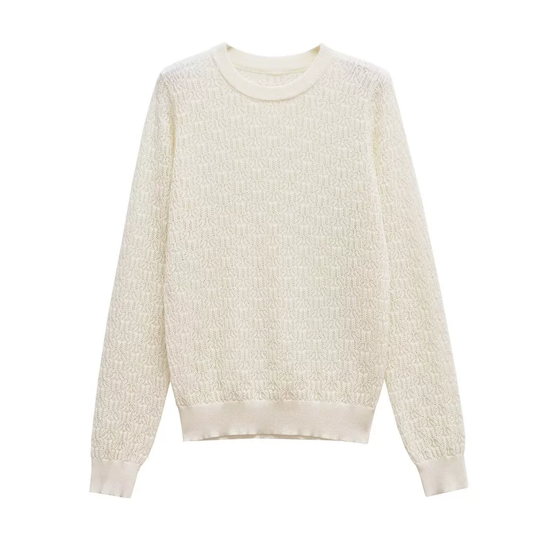 Wholesale 2025 spring new women's simple pullover round neck hollow long-sleeved sweater FF7-7416