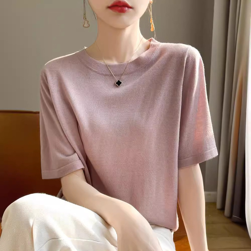 Macaroon Tencel Wool Short Sleeve Women's Solid Color Fashionable Loose Round Neck Knitted T-Shirt Outer Wear Inner Half Sleeve