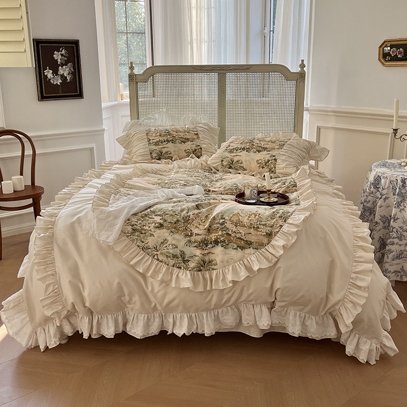 Nordic Vintage Four Piece Bedding Set Pure Cotton Princess Style_voghion.com