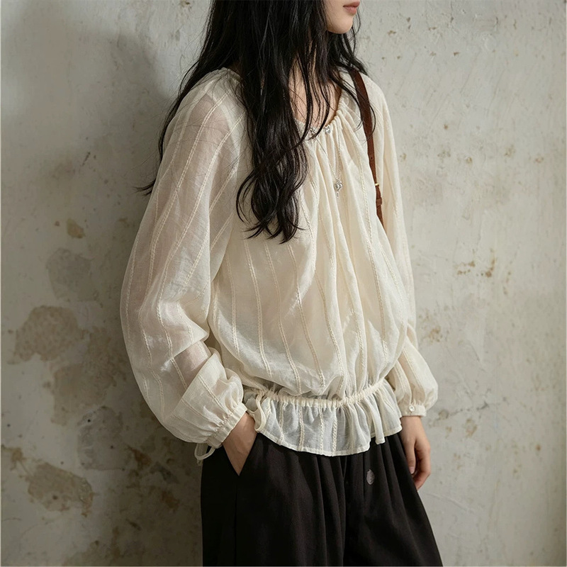 "White Line Workshop" "Penas" textured jacquard ruched collar striped long-sleeve shirt top for women, autumn collection