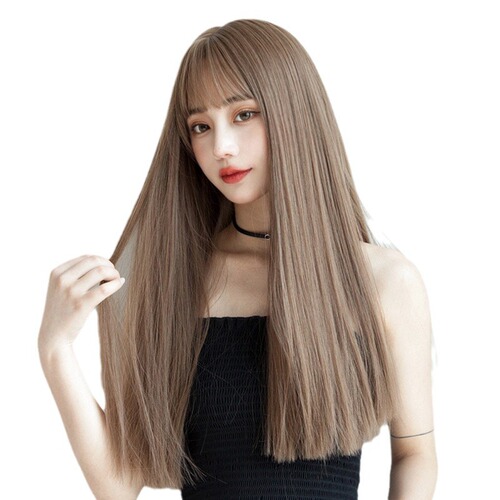Wig full headgear, natural and realistic air bangs, long straight hair, fashionable face-shaping, high temperature silk full headgear, wig headgear